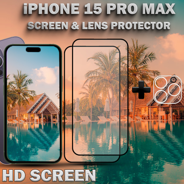 2-Pack iPhone 15 Pro Max - skärmskydd & 1-Pack linsskydd -härdat glas 9H