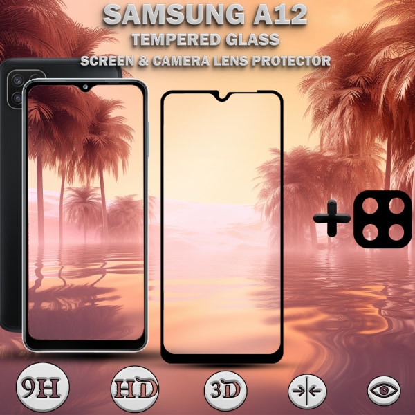 1-Pack Samsung A12 Skärmskydd & 1-Pack linsskydd - Härdat Glas 9H - Super kvalitet 3D