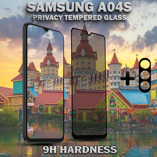 1-Pack Privacy Samsung A04S Skärmskydd & 1-Pack linsskydd - Härdat Glas 9H - Super kvalitet 3D