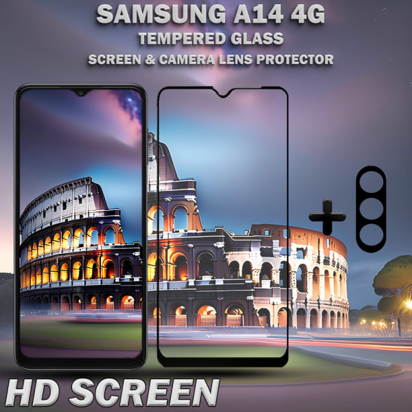 1-Pack Samsung A14 4G Skärmskydd & 1-Pack linsskydd - Härdat Glas 9H - Super kvalitet 3D