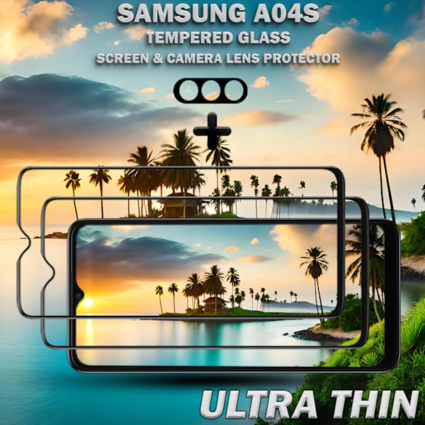 2-Pack SAMSUNG A04S Näytönsuoja & 1-Pack linssinsuoja - Karkaistu Lasi 9H - Super laatu 3D