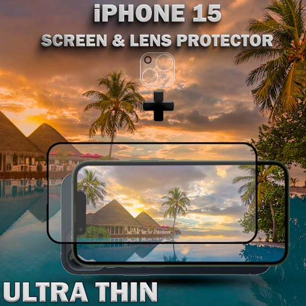 1-Pack IPHONE 15 Skærmbeskyttelse & 1-Pack linsebeskyttelse - Hærdet Glas 9H - Super kvalitet 3D