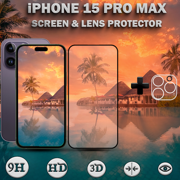 1-Pack IPHONE 15 PRO MAX Skærmbeskyttelse & 1-Pack linsebeskyttelse - Hærdet Glas 9H - Super kvalitet 3D