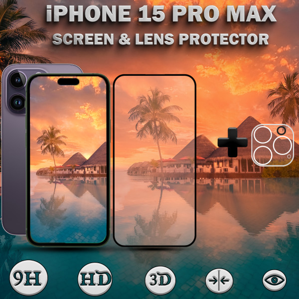1-Pack iPhone 15 Pro Max - skärmskydd & 1-Pack linsskydd -härdat glas 9H