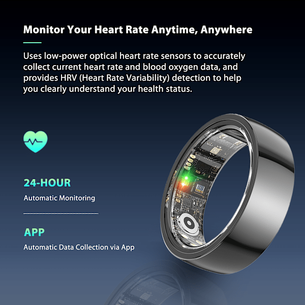 Smart Ring – Fitness- och hälsospårare – Sömn, puls och aktivitetsmätare – Vattentät, Bluetooth 5.0 – Kompatibel med iOS och Android US Storlek 9
