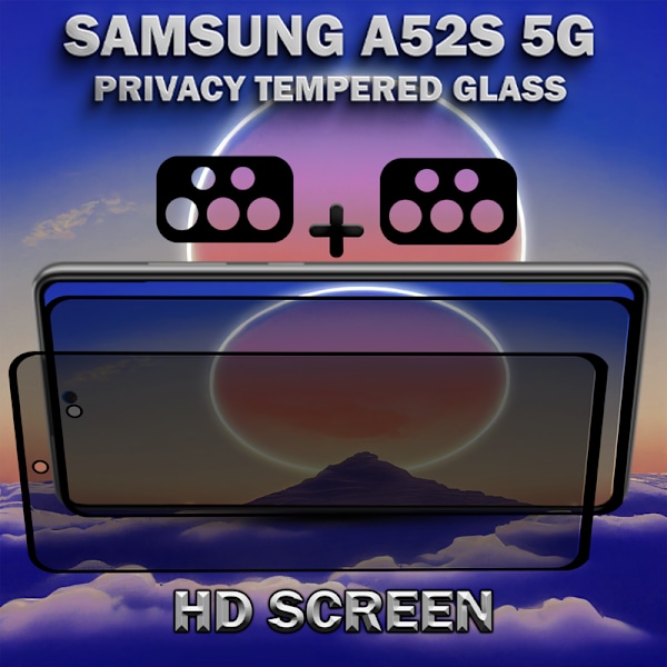 2-Pack Privacy Samsung A52S 5G Skärmskydd & 2-Pack Linsskydd - Härdat Glas 9H - Super kvalitet 3D