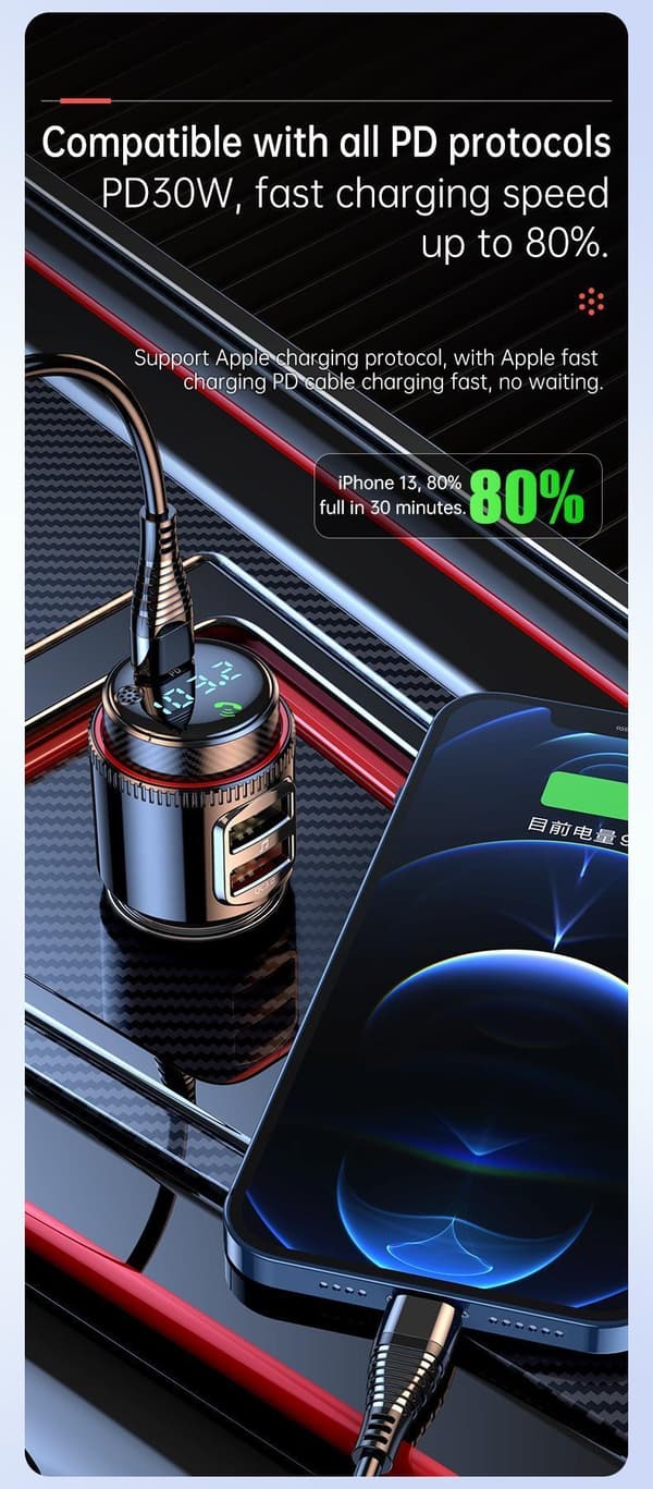 Bluetooth FM-autoadapteri 30W PD ja QC3.0 kaksois-USB-latauksella