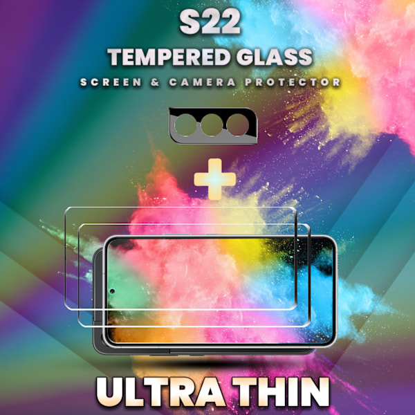 2-Pack SAMSUNG S22 Skærmbeskyttelse & 1-Pack linsebeskyttelse - Hærdet Glas 9H - Super kvalitet 3D