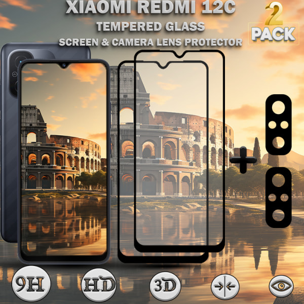 2-Pack Xiaomi Redmi 12C Skärmskydd & 2-Pack Linsskydd - Härdat Glas 9H - Super kvalitet 3D