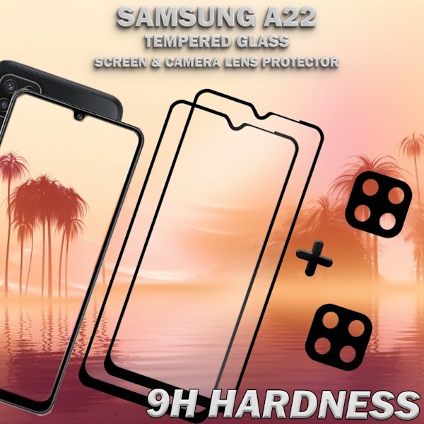 2-Pack SAMSUNG A22 Skærmbeskyttelse & 2-Pack linsebeskyttelse - Hærdet Glas 9H - Super kvalitet 3D