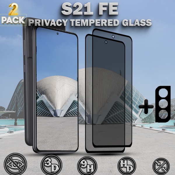 2-Pack Privacy SAMSUNG S21 FE Skärmskydd & 1-Pack linsskydd - Härdat Glas 9H - Super kvalitet 3D