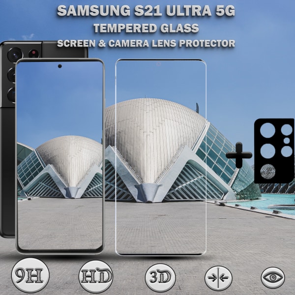 1-Pack Samsung S21 Ultra (5G) Skärmskydd & 1-Pack linsskydd - Härdat Glas 9H - Super kvalitet 3D