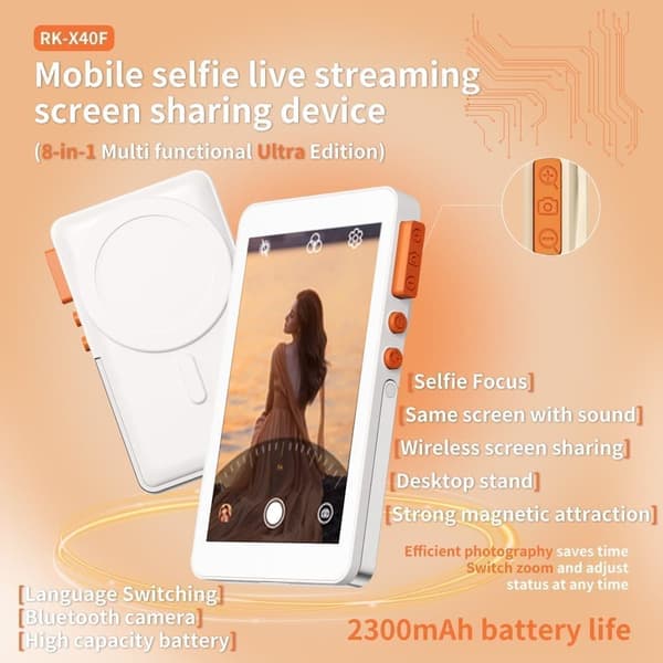 Magnetisk selvmonitor til livestreaming, kompatibel med iPhone og Android