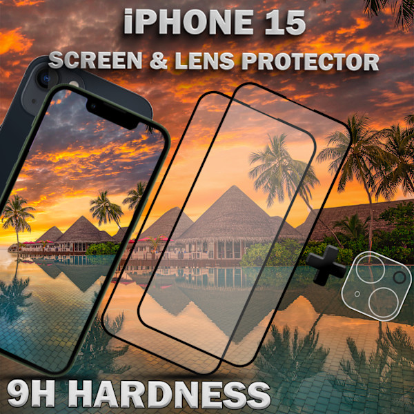 2-Pack iPhone 15 - skärmskydd & 1-Pack linsskydd -härdat glas 9H