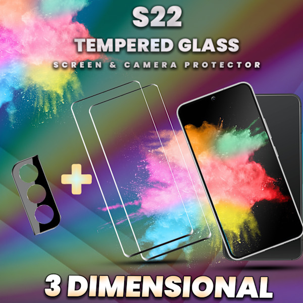 2-Pack SAMSUNG S22 Skærmbeskyttelse & 1-Pack linsebeskyttelse - Hærdet Glas 9H - Super kvalitet 3D