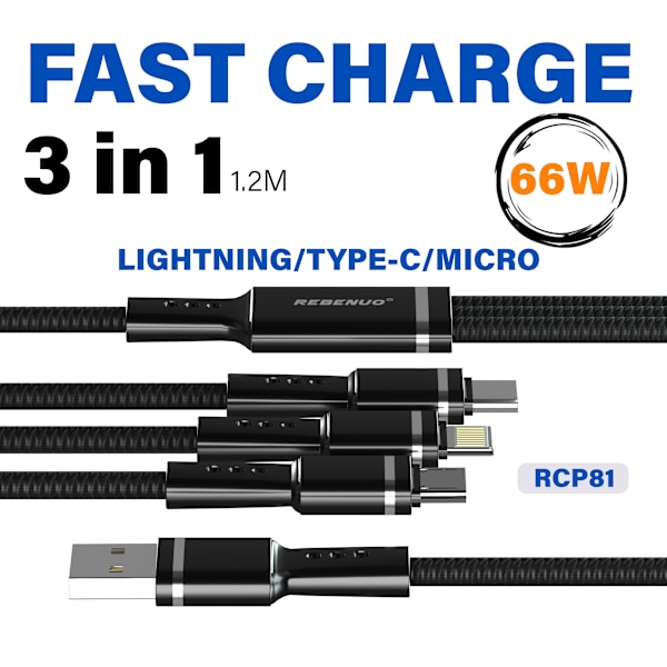 3-in-1 Snabbladdningskabe – Blixtladdning med Lightning-Type-C-Micro 66W