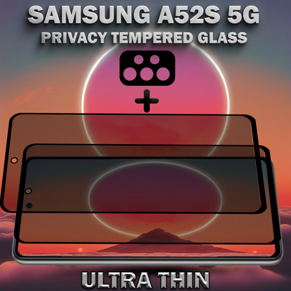 2-Pack Privacy Samsung A52S 5G Skärmskydd & 1-Pack linsskydd - Härdat Glas 9H - Super kvalitet 3D