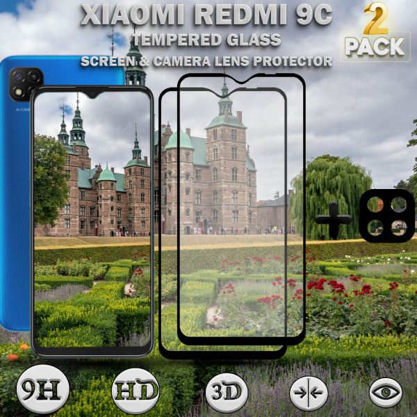 2-Pack XIAOMI REDMI 9C Skærmbeskyttelse & 1-Pack linsebeskyttelse - Hærdet Glas 9H - Super kvalitet 3D