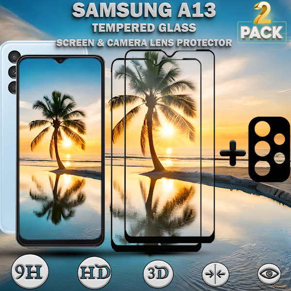 2-Pack Samsung A13 Skärmskydd & 1-Pack linsskydd - Härdat Glas 9H - Super kvalitet 3D