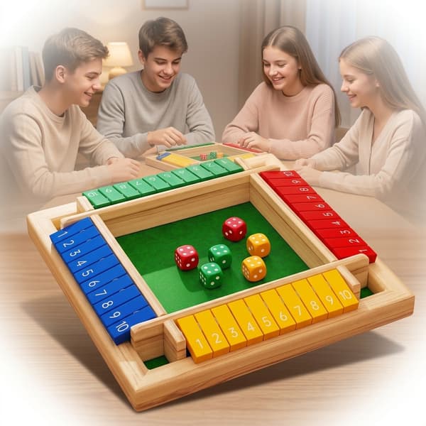 Shut the Box brætspil i træ – terningespil for 2–4 spillere, kompakt og bærbart