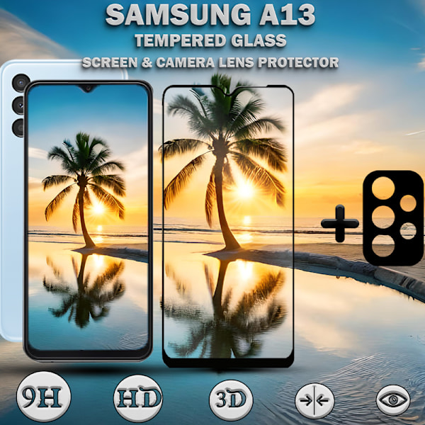 1-Pack SAMSUNG A13 Skærmbeskyttelse & 1-Pack linsebeskyttelse - Hærdet Glas 9H - Super kvalitet 3D