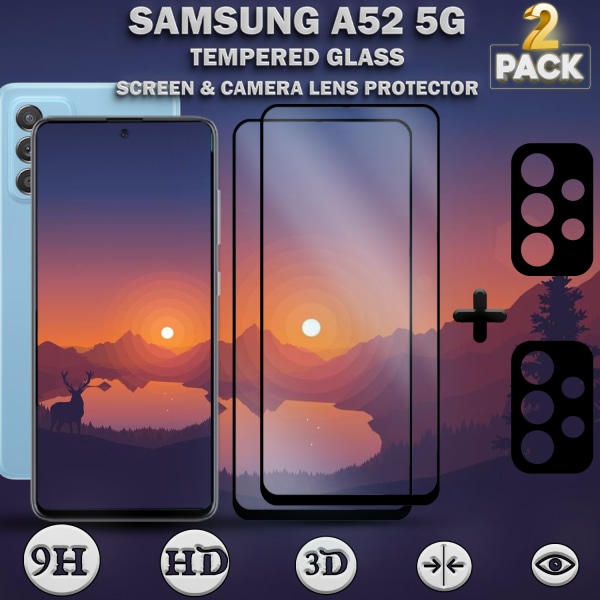 2-Pack Samsung A52 (5G) Skärmskydd & 2-Pack linsskydd - Härdat Glas 9H - Super kvalitet 3D