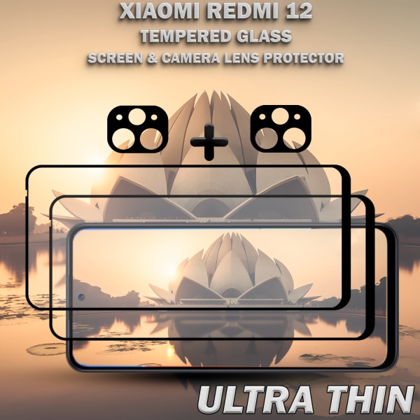 2-Pack XIAOMI REDMI 12 Skärmskydd & 2-Pack linsskydd - Härdat Glas 9H - Super kvalitet 3D