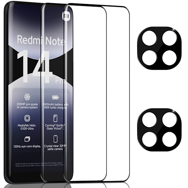 2-Pack Xiaomi Redmi Note 14 Pro Skärmskydd & 2-Pack linsskydd - Härdat Glas 9H - Super kvalitet 3D