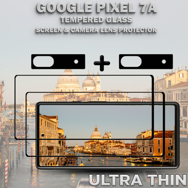 2-Pack GOOGLE PIXEL 7A Skärmskydd & 2-Pack linsskydd - Härdat Glas 9H - Super kvalitet 3D