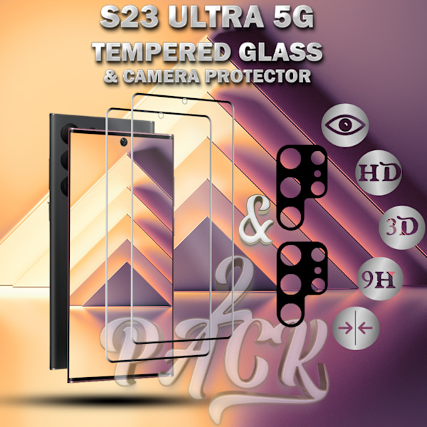 2-Pack SAMSUNG S23 ULTRA Skærmbeskyttelse & 2-Pack linsebeskyttelse - Hærdet Glas 9H - Super kvalitet 3D