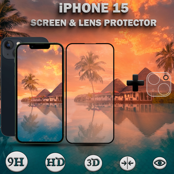 1-Pack iPhone 15 - skärmskydd & 1-Pack linsskydd -härdat glas 9H