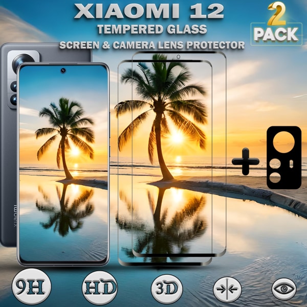 2-Pack Xiaomi 12 Skärmskydd & 1-Pack linsskydd - Härdat Glas 9H - Super kvalitet 3D