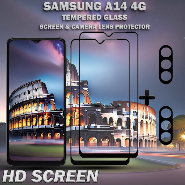 2-Pack SAMSUNG A14 Skærmbeskyttelse & 2-Pack linsebeskyttelse - Hærdet Glas 9H - Super kvalitet 3D