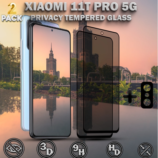 2-Pack Privacy XIAOMI 11T PRO 5G Skärmskydd & 1-Pack linsskydd - Härdat Glas 9H - Super kvalitet 3D