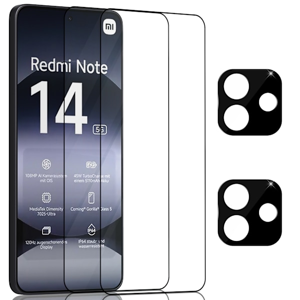 2-Pack Xiaomi Redmi Note 14 Näytönsuoja & 2-Pack linssinsuoja - Karkaistu Lasi 9H - Super laatu 3D