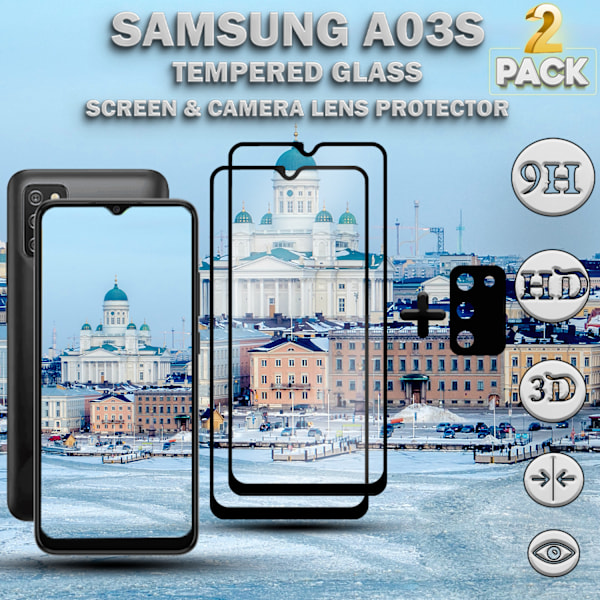 2-Pack SAMSUNG A03S Skærmbeskyttelse & 1-Pack linsebeskyttelse - Hærdet Glas 9H - Super kvalitet 3D