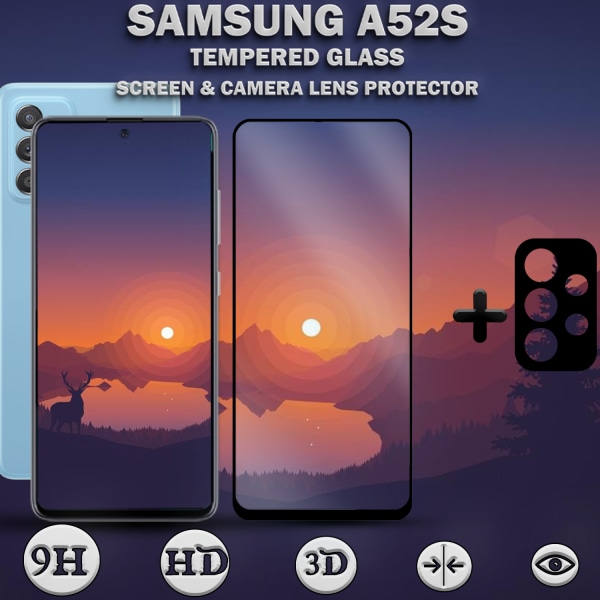 1-Pack Samsung A52s Skärmskydd & 1-Pack linsskydd - Härdat Glas 9H - Super kvalitet 3D