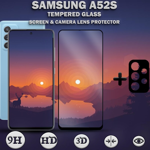 1-Pack Samsung A52s Skärmskydd & 1-Pack linsskydd - Härdat Glas 9H - Super kvalitet 3D