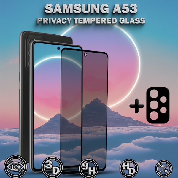 1-Pack Privacy Samsung A53 Skärmskydd & 1-Pack linsskydd - Härdat Glas 9H - Super kvalitet 3D