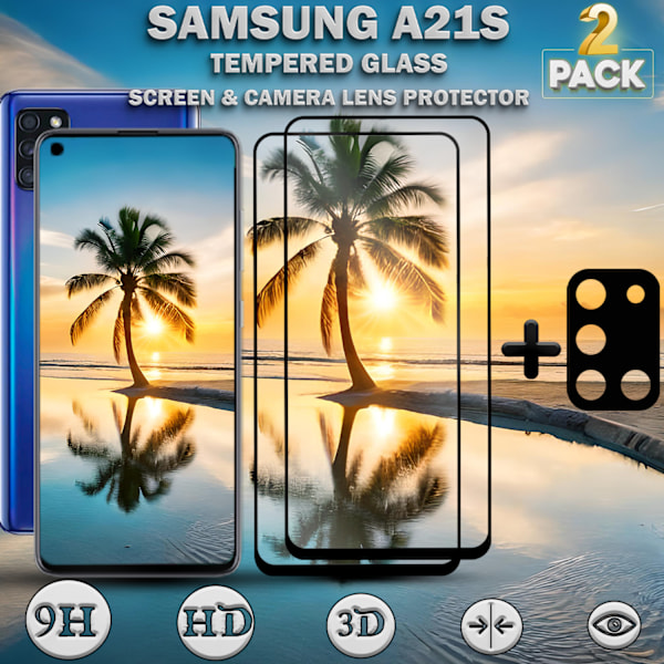 2-Pack Samsung A21s Skärmskydd & 1-Pack linsskydd - Härdat Glas 9H - Super kvalitet 3D