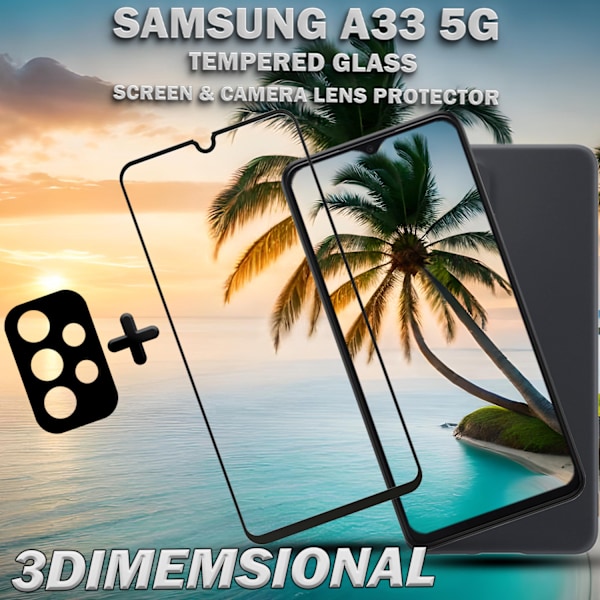 1-Pack SAMSUNG A33 Skærmbeskyttelse & 1-Pack linsebeskyttelse - Hærdet Glas 9H - Super kvalitet 3D