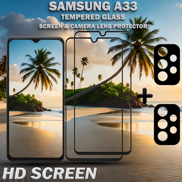 2-Pack SAMSUNG A33 Skærmbeskyttelse & 2-Pack linsebeskyttelse - Hærdet Glas 9H - Super kvalitet 3D