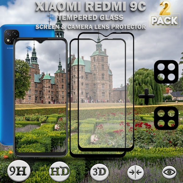 2-Pack XIAOMI REDMI 9C Skærmbeskyttelse & 2-Pack linsebeskyttelse - Hærdet Glas 9H - Super kvalitet 3D