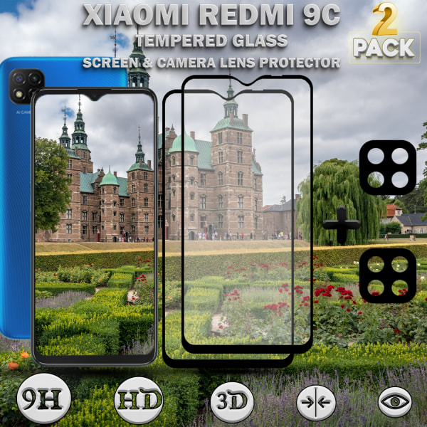 2-Pack Xiaomi Redmi 9C Skärmskydd & 2-Pack linsskydd - Härdat Glas 9H - Super kvalitet 3D