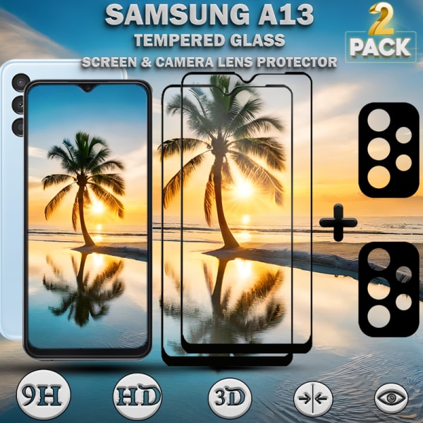 2-Pack Samsung A13 Skärmskydd & 2-Pack linsskydd - Härdat Glas 9H - Super kvalitet 3D