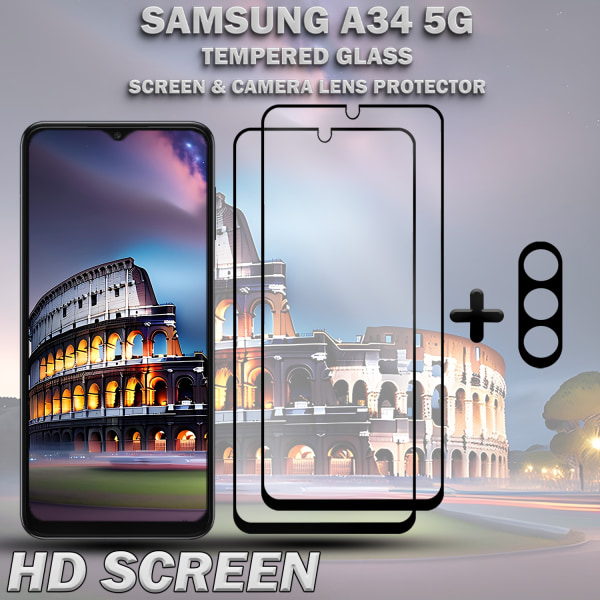 2-Pack SAMSUNG A34 5G Skärmskydd & 1-Pack linsskydd - Härdat Glas 9H - Super kvalitet 3D