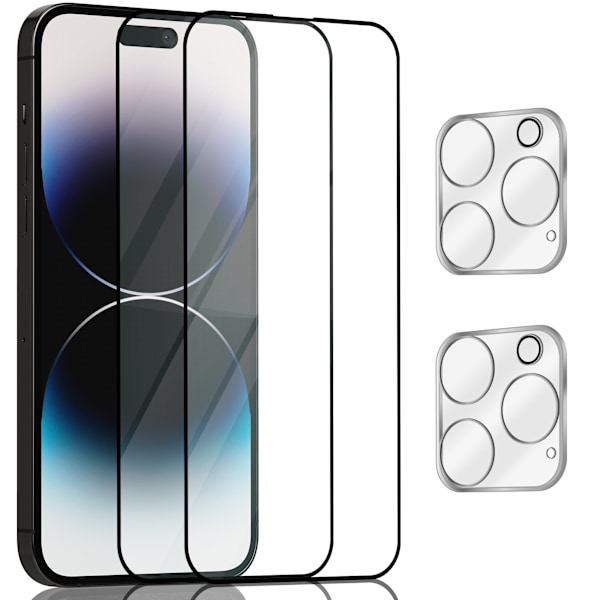 2-Pack Iphone 14 Pro Max Skærmbeskyttelse & 2-Pack linsebeskyttelse - Hærdet Glas 9H - Super kvalitet 3D
