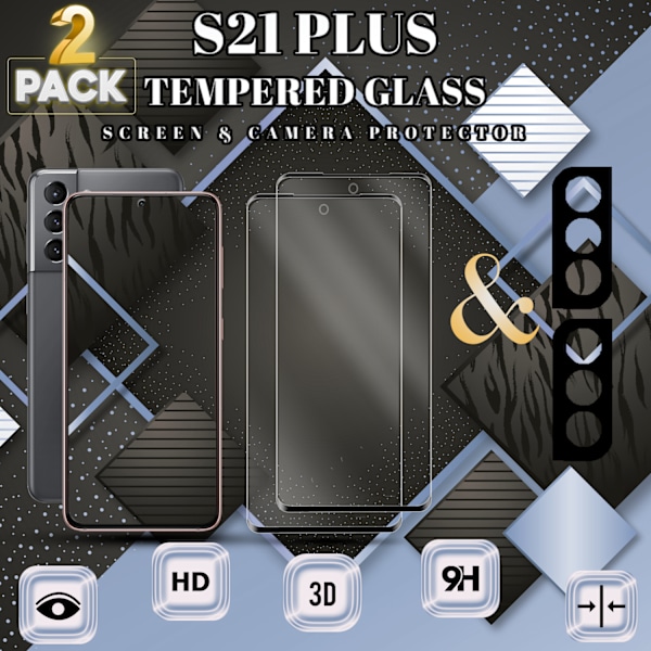 2-Pack SAMSUNG S21 PLUS Näytönsuoja & 2-Pack linssinsuoja - Karkaistu Lasi 9H - Super laatu 3D