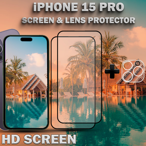 2-Pack iPhone 15 Pro - skärmskydd & 1-Pack linsskydd -härdat glas 9H