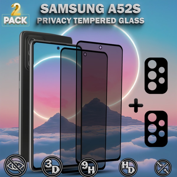 2-Pack Privacy Samsung A52S Skärmskydd & 2-Pack Linsskydd - Härdat Glas 9H - Super kvalitet 3D